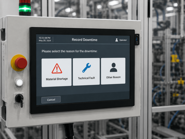 Machine HMI for manually selecting downtime reasons during production.