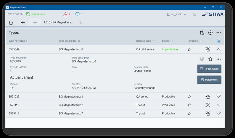 Anzeige historischer Maschinen- und Typparameter-Varianten