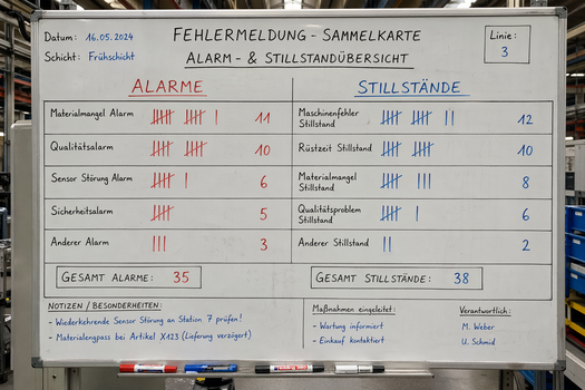 Manuelle Fehlerkarten erfassen Stillstandszeiten objektiv.