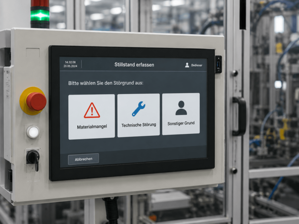 HMI zur manuellen Auswahl von Stillstandsursachen während der Produktion.