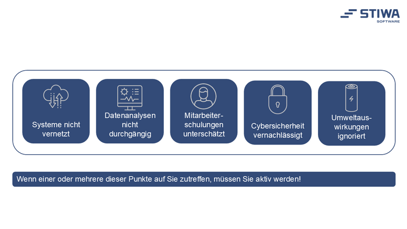 Typische Herausforderungen bei Digitalisierungsprojekten wie Datensilos, fehlende Integration und Cybersicherheitsrisiken.