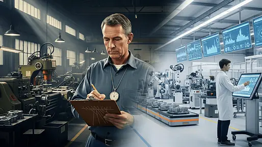 Produktion mit Klemmbrett und Stoppuhr vs. moderne digitale Smart Factory.