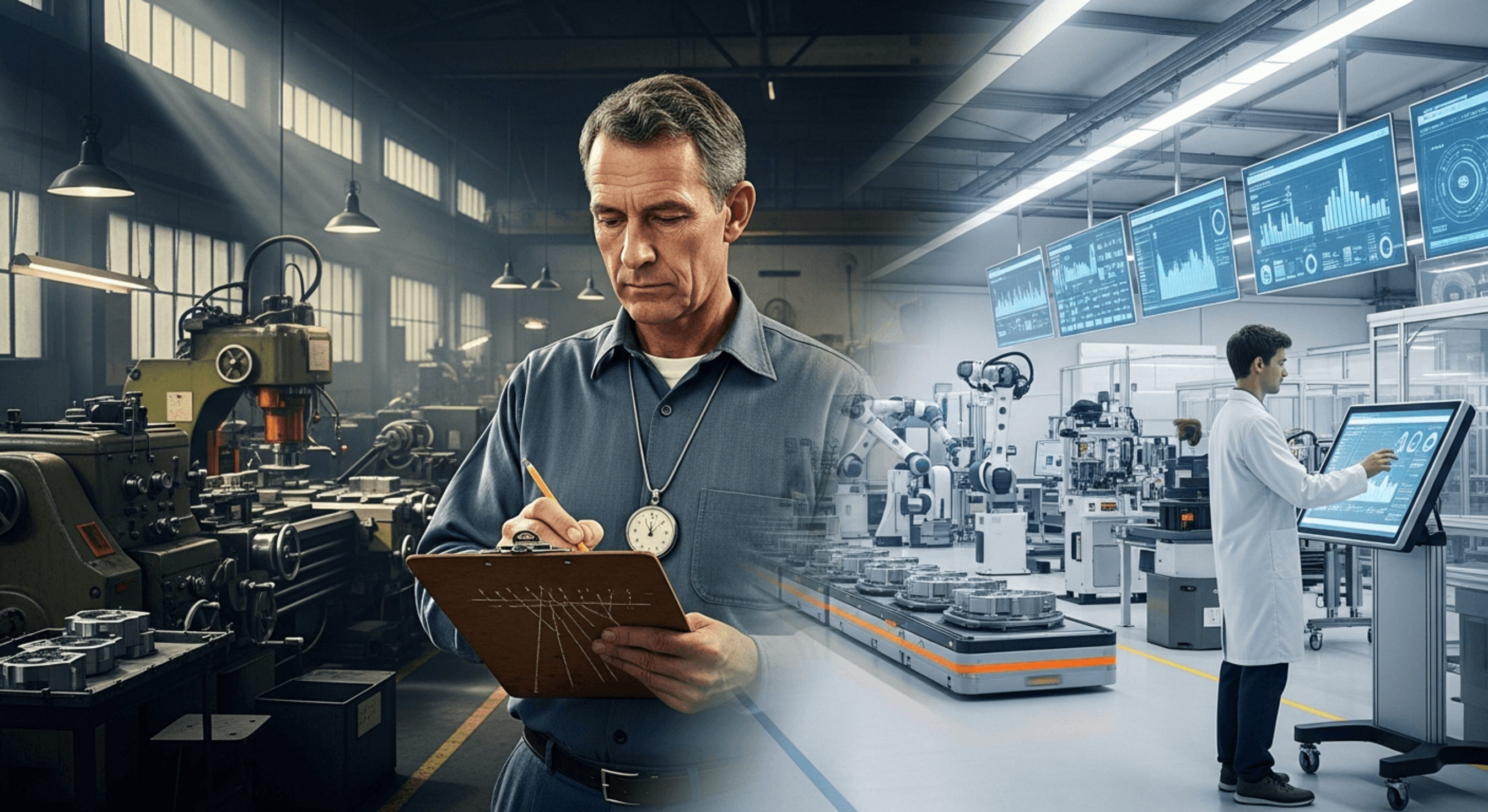 Produktion mit Klemmbrett und Stoppuhr vs. moderne digitale Smart Factory.